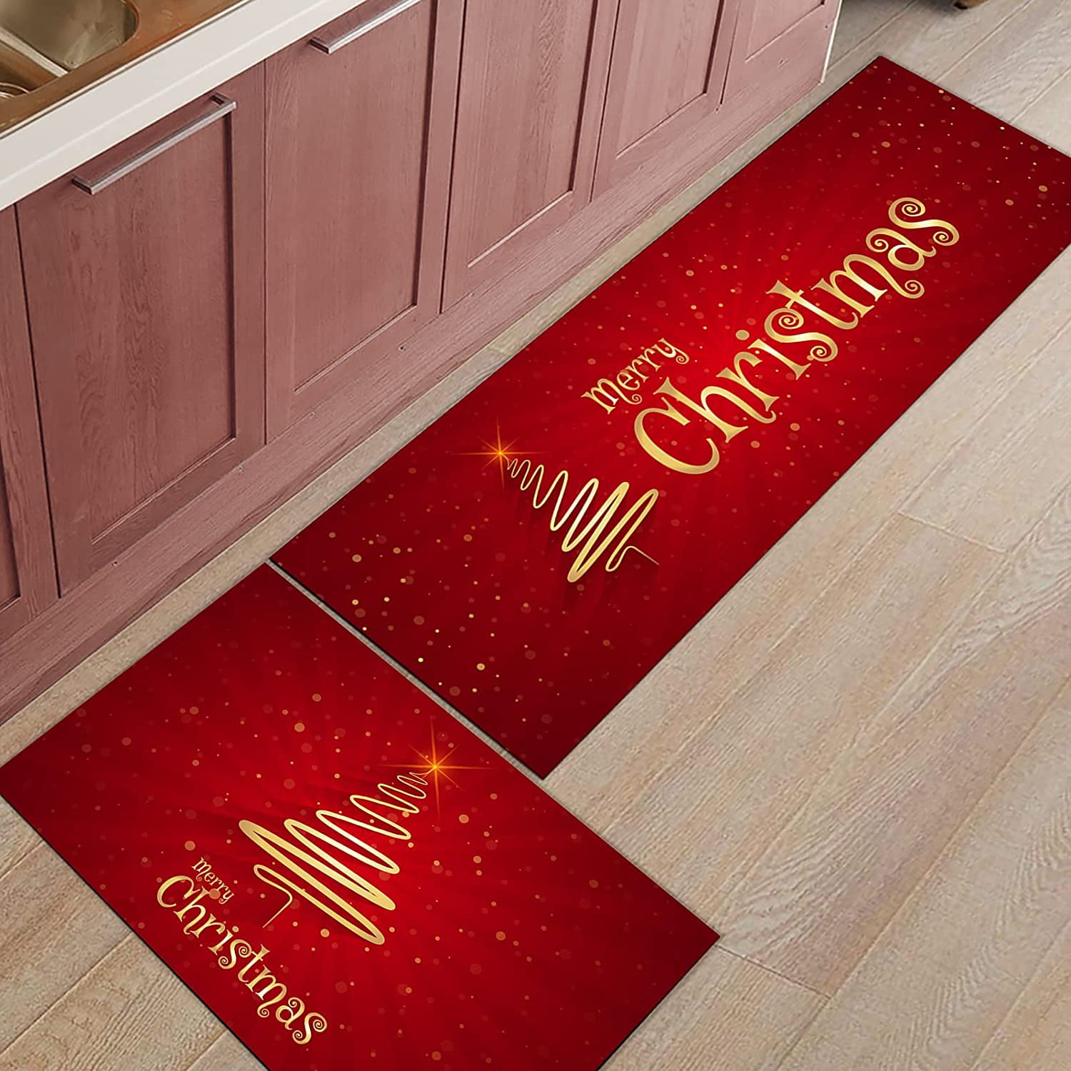 Crystal Emotion Merry Christmas Washable Kitchen Rugs Cushioned Floor