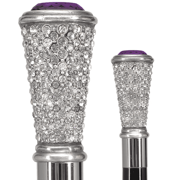Crystal-Encrusted Elongated Knob Walking Stick with Purple Stone, R925 92.5% Pure Silver Handle, Elegant 37 Inch Cane with 13mm Rubber Tip