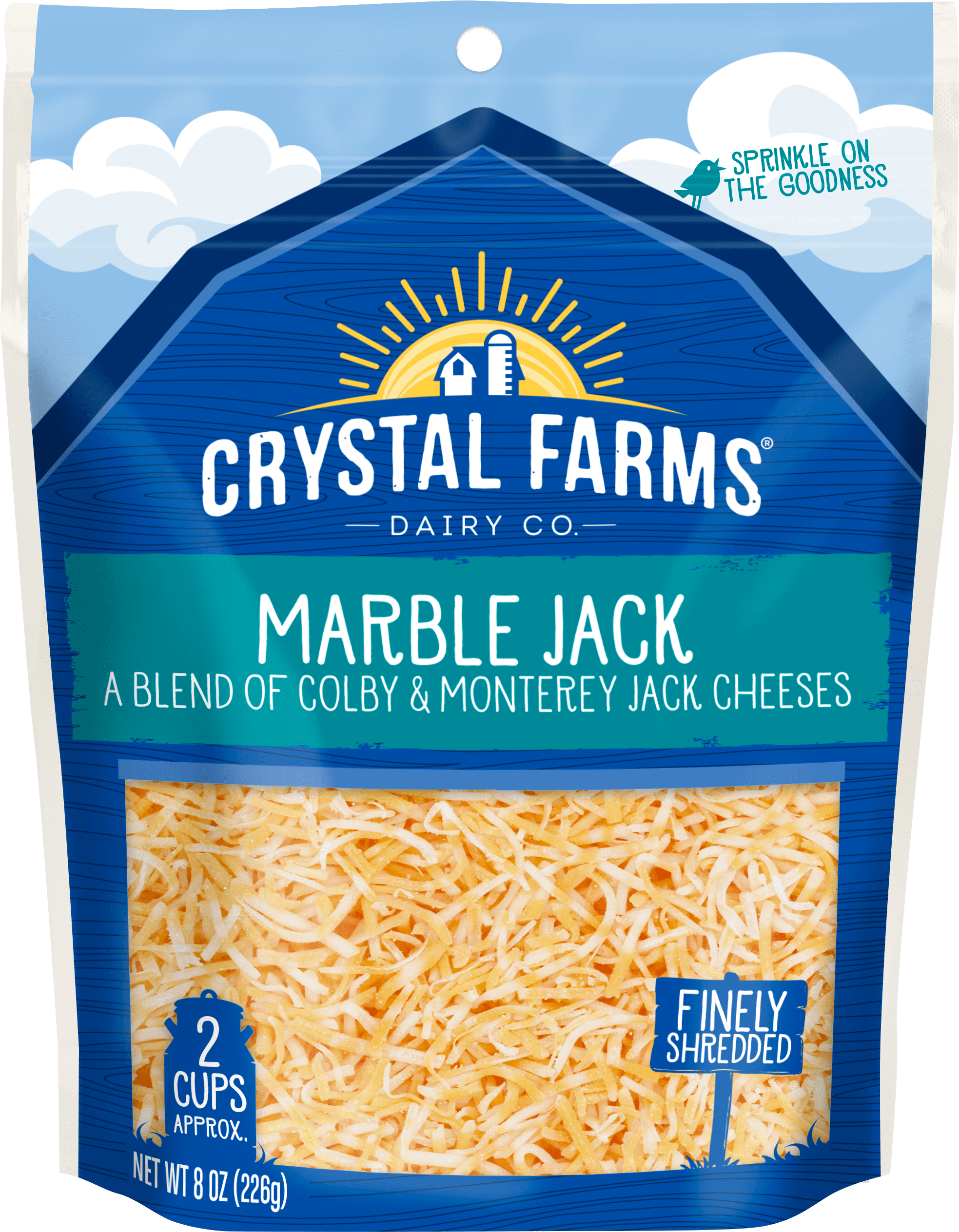 Crystal Farms Finely Shredded Marble Jack Cheese, 8 oz., Refrigerated, Resealable Plastic Bag