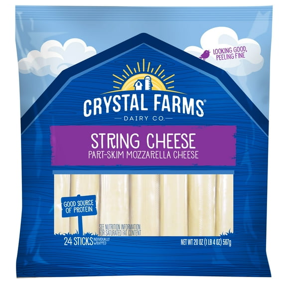 Crystal Farms Low-Moisture Part-Skim Mozzarella String Cheese, 24 Sticks, Refrigerated, Individually Wrapped