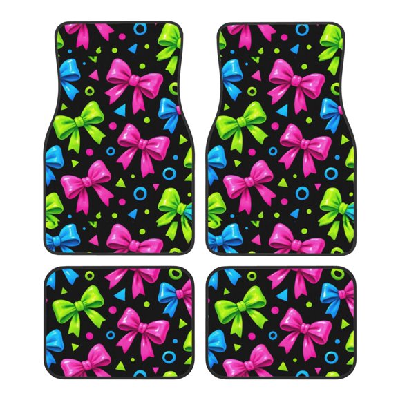 Crystal Fleece Car Floor Mats Set Of Four - Bottom Injection Molded For Easy Installation To Prevent Interior Contamination Suitable For Most Cars Bold Neon Contemporary Ribbon Bow Pattern