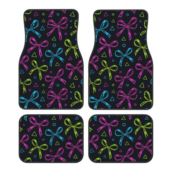 Crystal Fleece Car Floor Mats Set Of Four - Bottom Injection Molded For Easy Installation To Prevent Interior Contamination Suitable For Most Cars Bold Thin Neon Contemporary Ribbon Bow Pattern