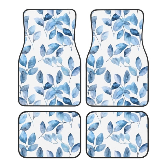 Crystal Fleece Car Floor Mats Set Of Four - Bottom Injection Molded For Easy Installation To Prevent Interior Contamination Suitable For Most Cars Watercolor Light Blue Leaves (1)
