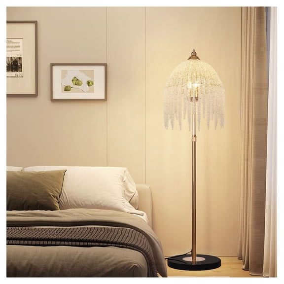 Crystal Floor Lamp 3-Light Waterfall Design - Vintage Style for Living Room, Bedroom, Office - Golden Finish, Marble Base (Bulb Not Included)