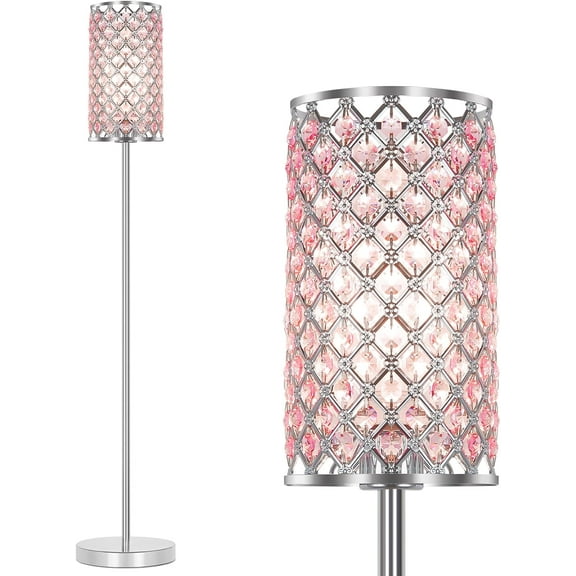 Crystal Floor Lamp for Bedroom, Silver Floor Lamp with Pink Shade, Girls Lamp with On/Off Foot Switch, Elegant Standing Light Tall Pole Lamp for Living Room, Dresser, Office (E26 Base)