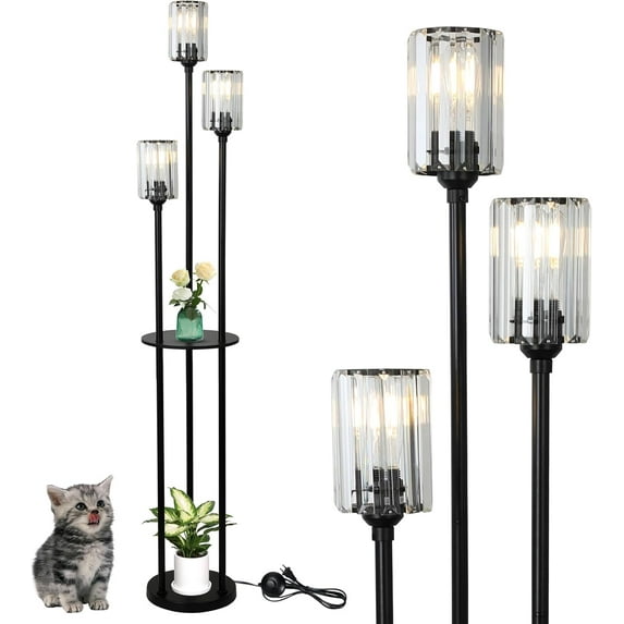 Crystal Floor Lamp with Shelves - Modern Standing Lamp for Living Room & Bedroom, Black with Crystal Shade, 3-Light, On/Off Foot Switch