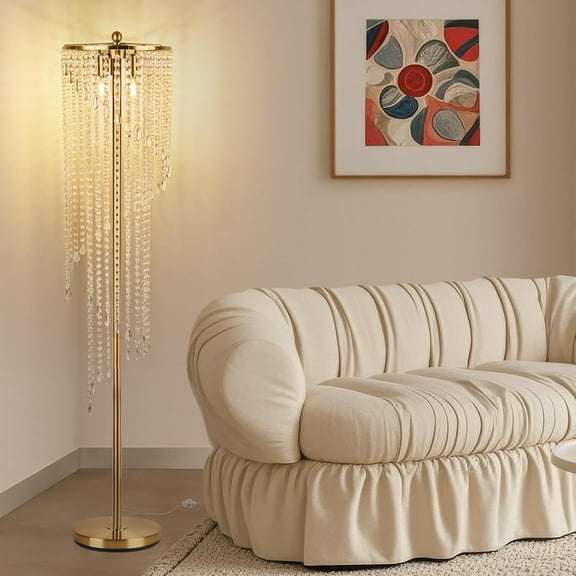Crystal Floor Lamp for Living Room/Bedroom Decor, Bling Elegant Rain Lamp, Gold Standing Indoor Tall Pole Light Simple Floor Lamp with Foot Switch