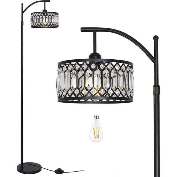 Crystal Floor Lamps for Living Room, Modern Arc Lamp, Black Standing Lamp with Edison Bulb, Height Adjustable Tall Bedroom, Corner Stand Up Office, Arched Reading Light