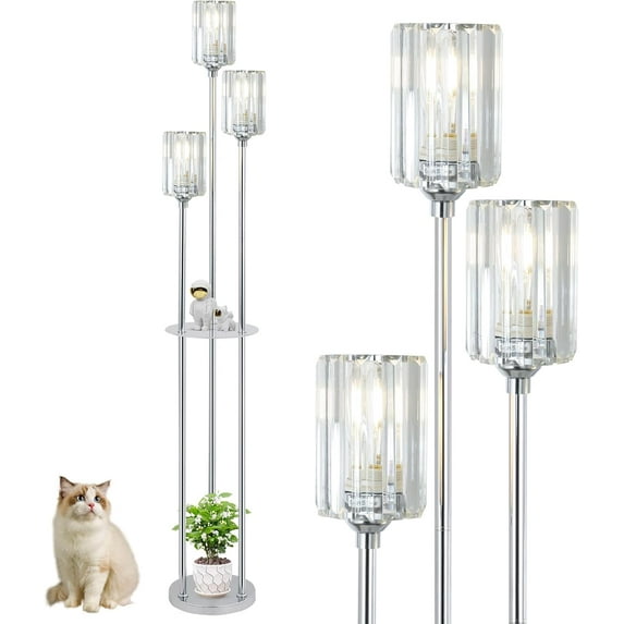 Crystal Floor Lamps for Living Room, Modern Floor Lamp with Shelves, 3-Lights Standing Lamp with Crystal Shade, On/Off Foot Switch, Silver Corner Floor Lamp for Bedroom Living Room Office(66")