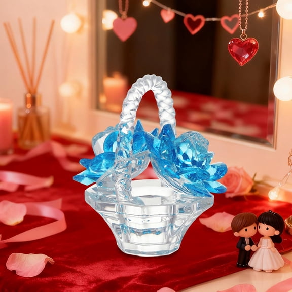 Crystal Flower Basket Figurine Collectable Ornaments Home Decor Tabletop Centerpiece Gift for Lady Mother's Day Anniversary Valentines Day Wedding (Light Blue)