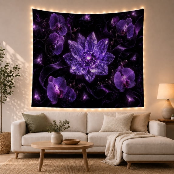 Crystal Flower Central Bloom with Orchids and Glowing Particles Dreamy Fantasy for Gothic Decor Fans Mystical Room Decor Housewarming Gift Tapestry Wall Hanging for Bedroom, Living Room and Dorm