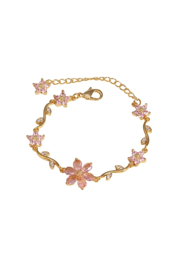 Crystal Flower Chain Link Bracelet for Women Gold Plated Fashion Cute Delicate Bracelets Adjustable Sweet Dainty Fine Jewelry Gifts for Her (B)