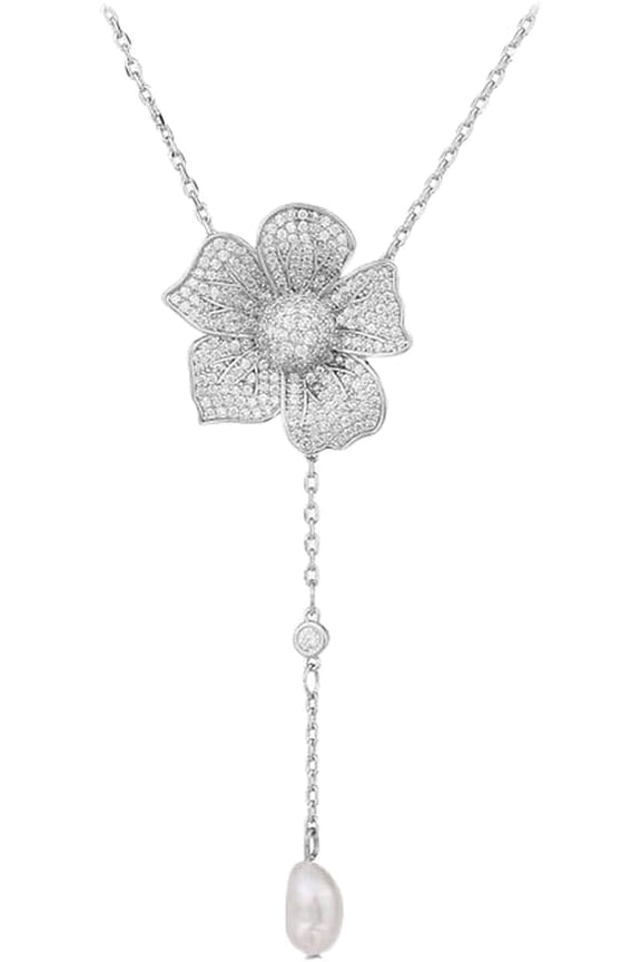 Crystal Flower Drop Y Necklace for Women Cubic Zirconia Diamond Shell Pearl Charms Pendant Choker Chain Adjustable Fashion Shiny Wedding Birthday Anniversary Jewelry Gift Box