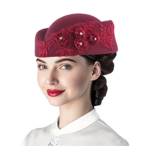 Crystal Flower Pillbox Hat,Felt Fascinator,Tea Party Headwear,Vintage Felt Pillbox Hat Decorated With Crystal Flower Applique Delicate Retro Fascinator Headwear for Church Tea Party Banquet,Wine