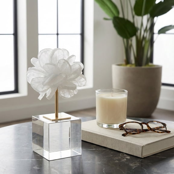 Crystal Flower Statuary with Base for Living Room Decor - Home Accent for Bathroom Counter, Office, and Shelf Styling - Floral Display for Coffee Table and Mantel Decor - 8", White & Gold