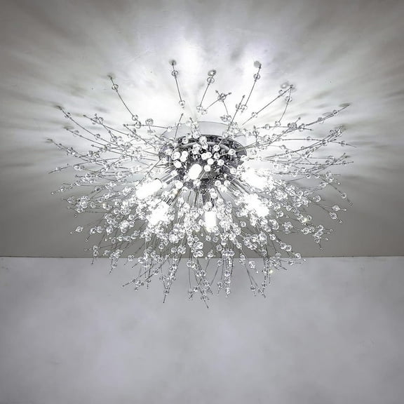 Crystal Flush Mount Ceiling Light Modern Sputnik Firework Design with Chrome Finish 6 G9 Sockets for Bedroom Kitchen Entryway