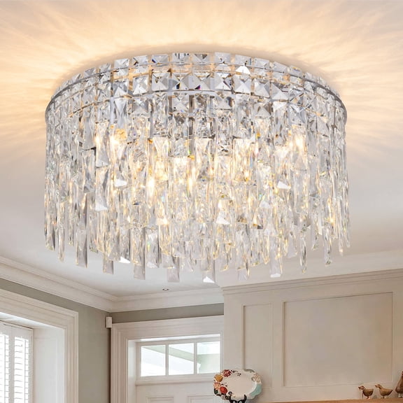 Crystal Flush Mount Chandelier, 9-Light Modern Luxury Ceiling Light Fixture with K9 Crystal Glass, Drum Crystal Chandelier for Dining Room, Living Room, Bedroom, Hallway, Entryway