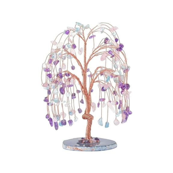 Crystal Fortune Tree Tabletop Ornament, Multicolor Stone Tree Decor for Home Office Desk Shelf, Wealth Attracting Craft Gift