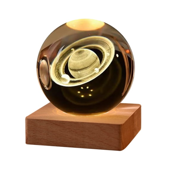 Crystal Galaxy LED Ball Night Light 3D Engraved Planet Crystal Sphere Warm Lamp with Wooden Base Spring Modern Saturn Theme Centerpiece Decoration for Party Supply Gift(B)