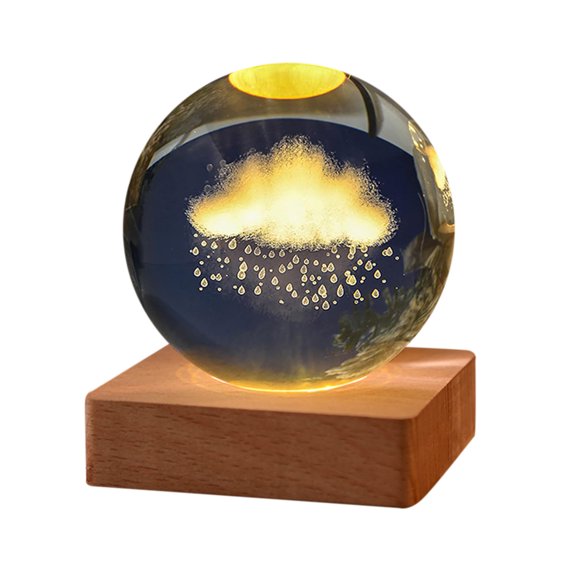 Crystal Galaxy LED Ball Night Light 3D Engraved Rainy Cloud Crystal Sphere Warm Lamp with Wooden Base Spring Modern Weather Theme Centerpiece Decoration for Party Supply Gift(A)