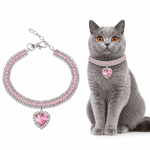 Crystal Gem Pet Necklace, Rhinestone Heart Pendant Dog Cat Collar for Daily Wear, Multiple Sizes