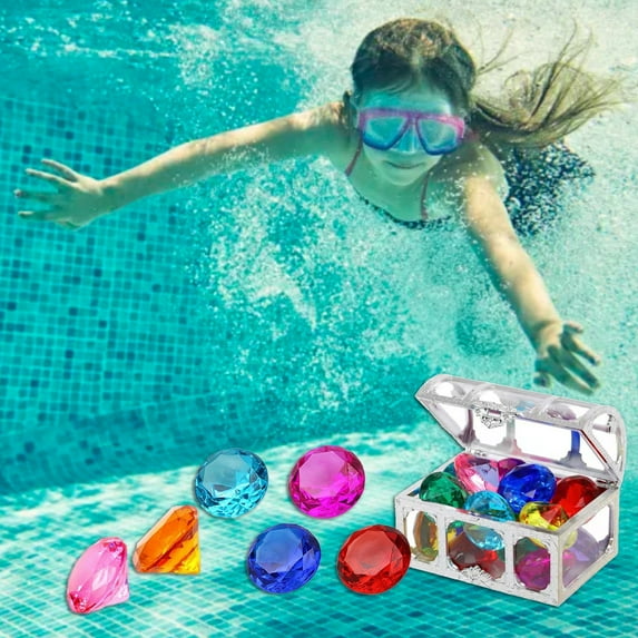 Crystal Gemstones Set with Treasure Chest | 6 Colorful Glass Stones for Pool Diving, Pretend Play, DIY Jewelry, Party Favors | Sparkling Non-Fade Diamonds | Multicolor | 7 Pieces