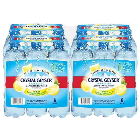 Crystal Geyser Sparkling Lemon Alpine Natural Spring Water, 24-Pack, 16.9oz Bottles, Zero Calories and No Sweeteners, Naturally Flavored, Bottled at The Source