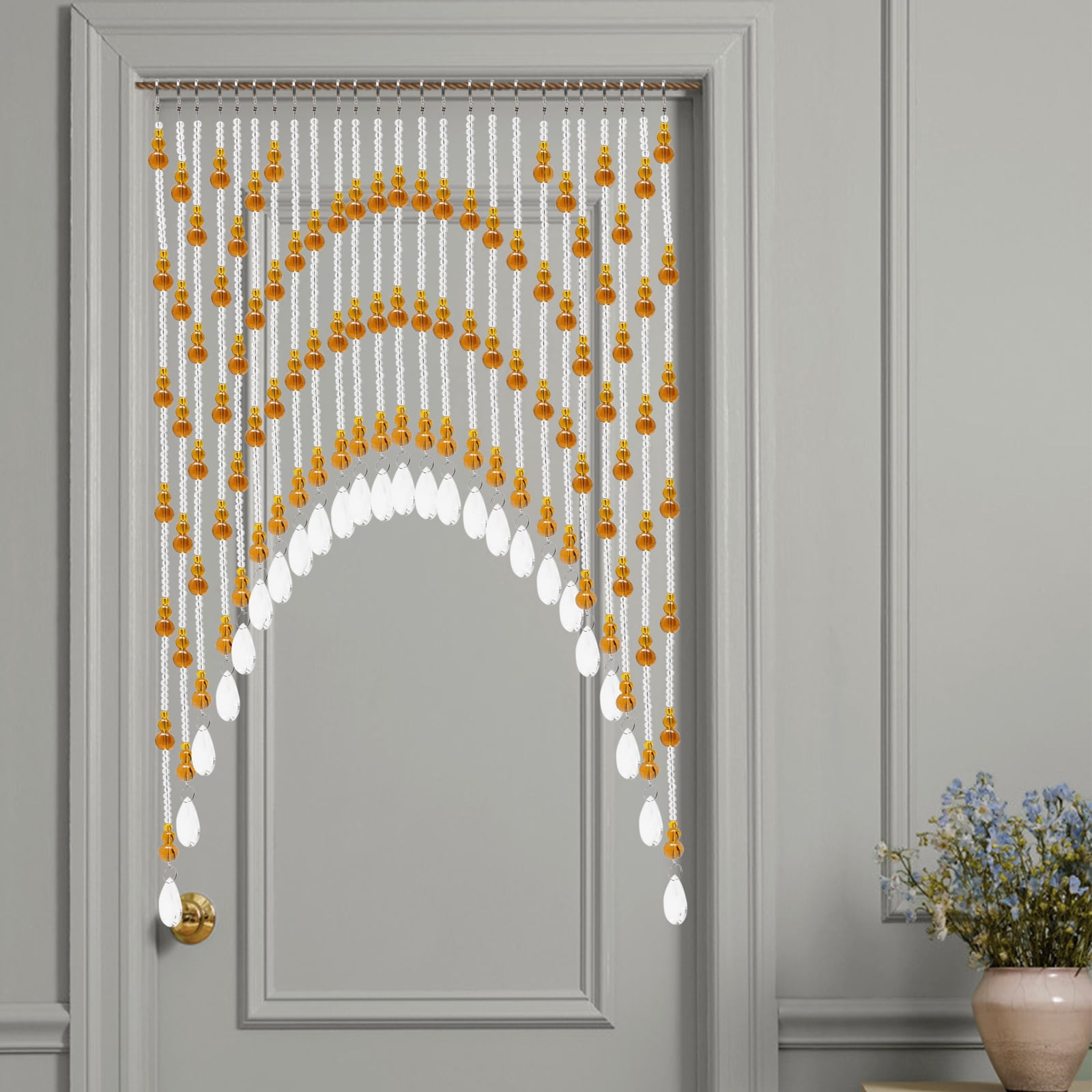 Crystal Glass Beaded Door Curtain 25-60in Adjustable Amber Clear Arched Gourd-Shaped Beads for Doorways, Windows