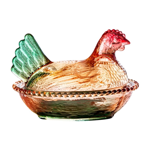 Glass Chicken-Shaped Candy Dish, Glass Hen on Nest Dish with Lid, Vintage Candy Bowl, Tabletop Dessert Plate Snack Bowl, Colorful Candy Jar, Home Kitchen Office Decor,Red/1PCS
