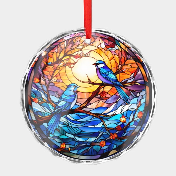Crystal Glass Christmas Ornament 2 Blue Birds on a Tree Branch in Snow Stained Glass Style (Flat Design, Not Raised) Couple Two Love Birds Holiday Ornaments for Xmas Tree