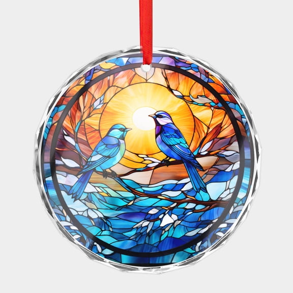 Crystal Glass Christmas Ornament 2 Blue Birds on a Tree Branch Stained Glass Style (Flat Design, Not Raised) Couple Two Love Birds Holiday Ornaments for Xmas Tree