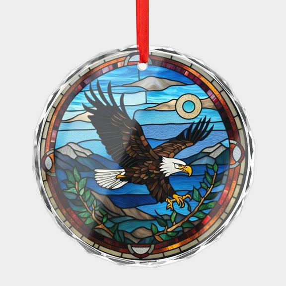 Crystal Glass Christmas Ornament American Bald Eagle Landscape Stained Glass Style (Flat Design, Not Raised) Eagles Birds Holiday Ornaments for Xmas Tree
