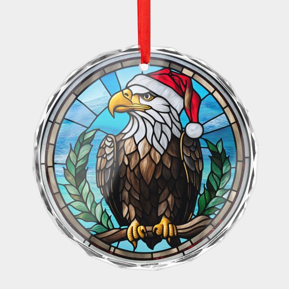 Crystal Glass Christmas Ornament American Bald Eagle in a Santa Hat Stained Glass Style (Flat Design, Not Raised) Birds Holiday Ornaments for Xmas Tree