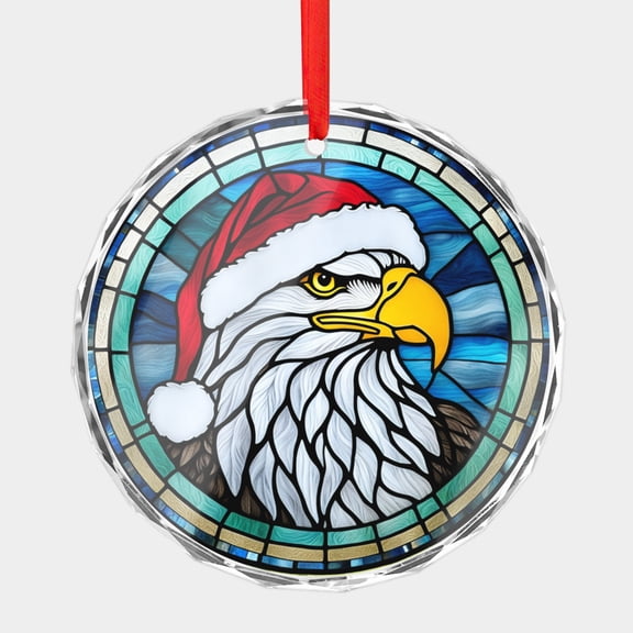 Crystal Glass Christmas Ornament American Bald Eagle Wearing a Santa Claus Hat Stained Glass Style (Flat Design, Not Raised) Birds Holiday Ornaments for Xmas Tree