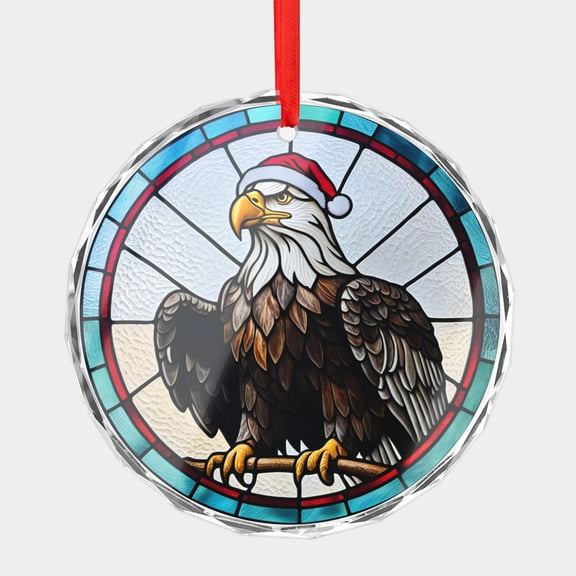 Crystal Glass Christmas Ornament American Bald Eagle in Wearing a Santa Hat Stained Glass Style (Flat Design, Not Raised) Birds Holiday Ornaments for Xmas Tree