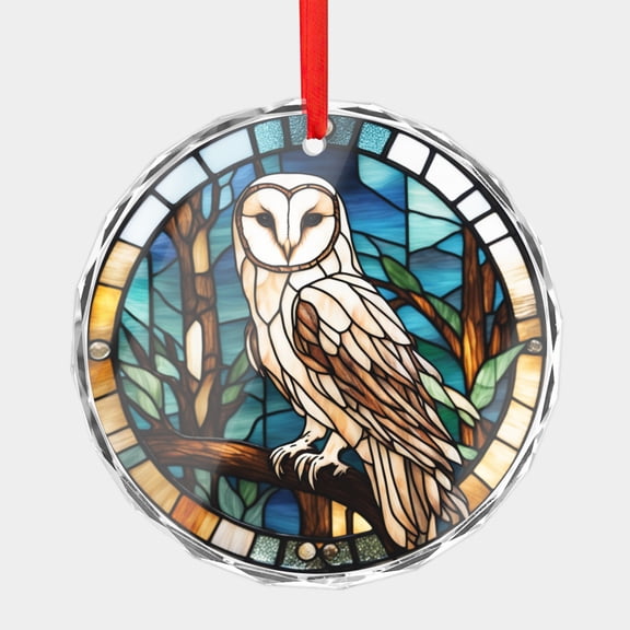 Crystal Glass Christmas Ornament Barn Owl Bird at Night Abstract Stained Glass Style (Flat Design, Not Raised) Owls Birds Lover Holiday Ornaments for Xmas Tree