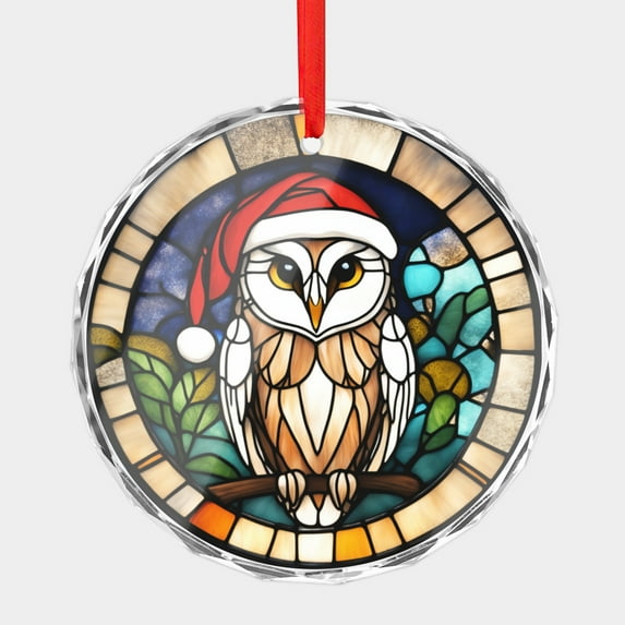 Crystal Glass Christmas Ornament Barn Owl Bird in a Santa Hat at Night Stained Glass Style (Flat Design, Not Raised) Owls Birds Lover Holiday Ornaments for Xmas Tree