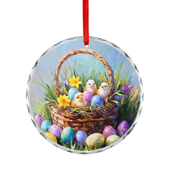 Crystal Glass Christmas Ornament Basket Full of Spring Chicks And Colorful Eggs Round Shaped Glass Ornament Chicken Themed Gifts for Home Office Xmas Tree Decor