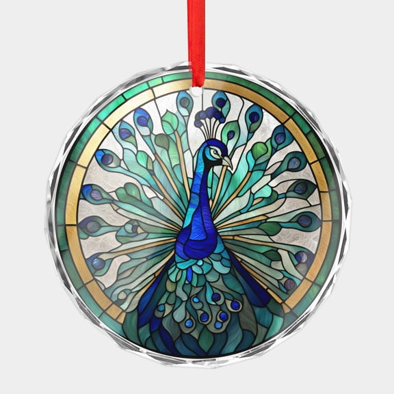 Crystal Glass Christmas Ornament Beautiful Blue Green Peacock Bird Stained Glass Style (Flat Design, Not Raised) Peacocks Lover Holiday Ornaments for Xmas Tree
