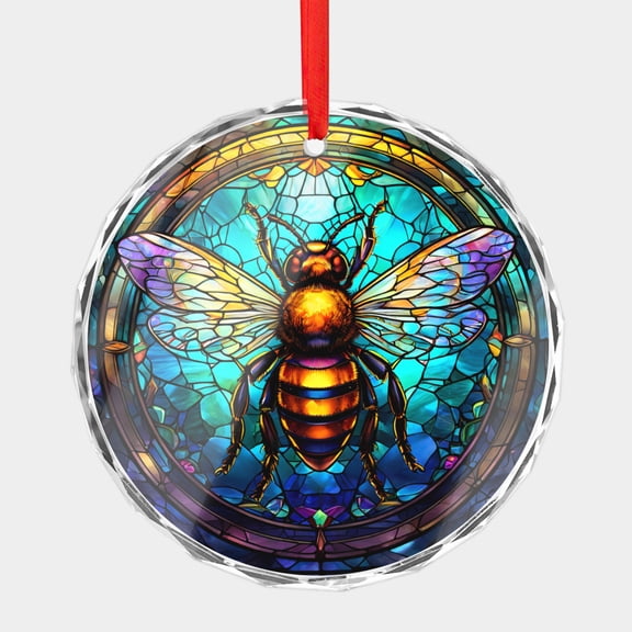 Crystal Glass Christmas Ornament Bee Stained Glass Style (Flat Design, Not Raised) Bumble Bee Queen Goth Blue Mosaic Bumblebee Flat Print Design Holiday Ornaments for Xmas Tree
