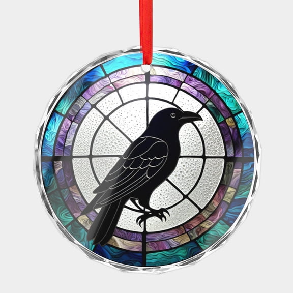 Crystal Glass Christmas Ornament Black Raven Bird Stained Glass Style (Flat Design, Not Raised) Birds Lover Art Holiday Ornaments for Xmas Tree