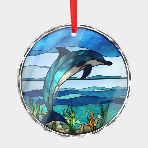 Crystal Glass Christmas Ornament Blue Dolphin Aquatic Undersea Animal Stained Glass Style (Flat Design, Not Raised) Dolphins Lover Holiday Ornaments for Xmas Tree