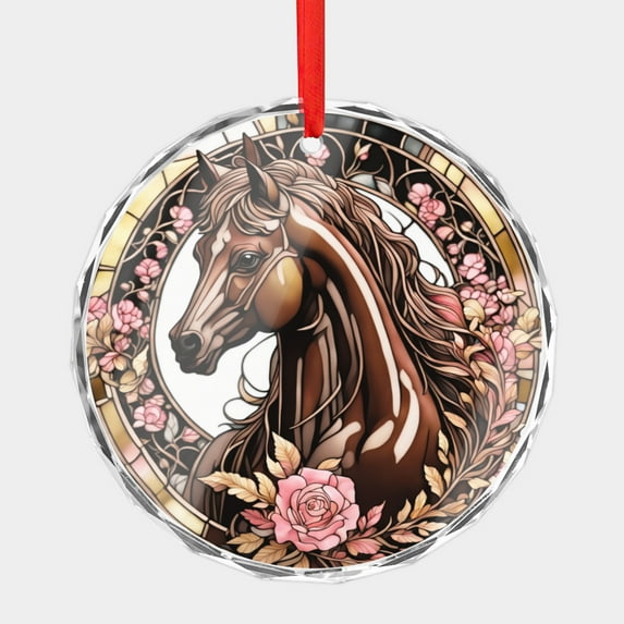 Crystal Glass Christmas Ornament Brown Horse with Flowers Gold Pink Floral Stained Glass Style (Flat Design, Not Raised) Horses Lover Holiday Ornaments for Xmas Tree