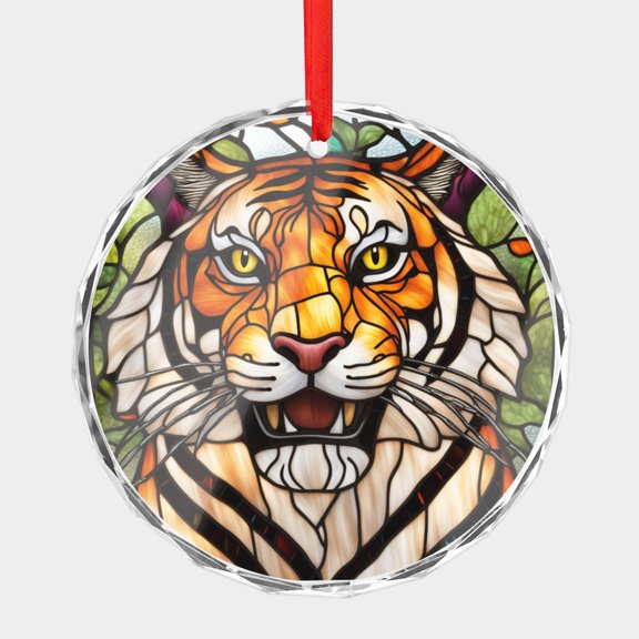 Crystal Glass Christmas Ornament Up Close Tiger Animal Face Stained Glass Style (Flat Design, Not Raised) Jungle Tigers Lover Holiday Ornaments for Xmas Tree