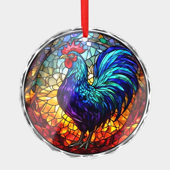 Crystal Glass Christmas Ornament Cock Rooster Pretty Stained Glass Style (Flat Design, Not Raised) Cool Hen Birds Holiday Ornaments for Xmas Tree