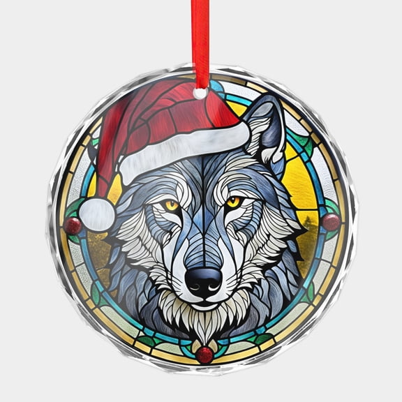 Crystal Glass Christmas Ornament Cool Grey Wolf Animal in a Santa Hat Stained Glass Style (Flat Design, Not Raised) Wolves Animals Lover Holiday Ornaments for Xmas Tree