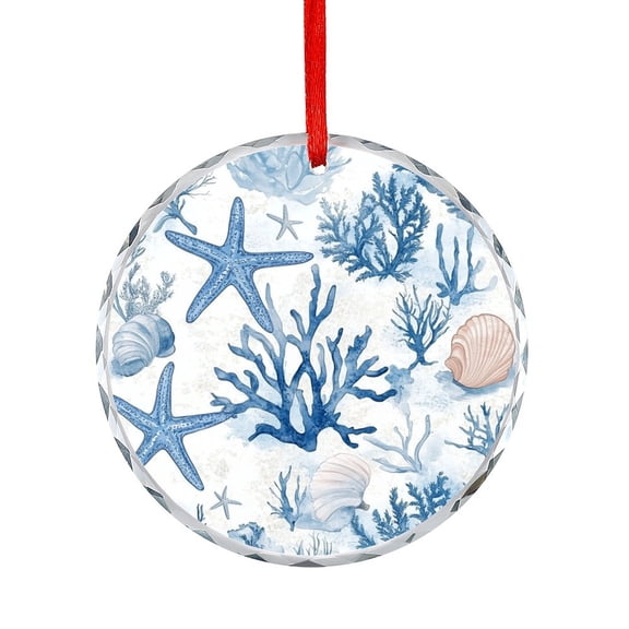 Crystal Glass Christmas Ornament Coral Reef Pattern with Starfish Shells And Corals Round Glass Hanging Ornament Sea Turtle Ocean Theme Xmas Tree Decorations