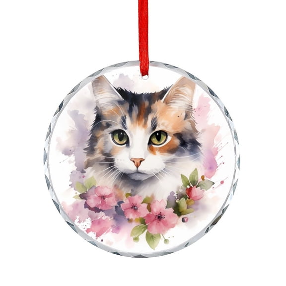 Crystal Glass Christmas Ornament Cute Calico Cat With Pink Flowers Watercolor Holiday Ornaments Flower Kitty Hanging Ornaments Xmas Tree Decor for Family Friends Lovers