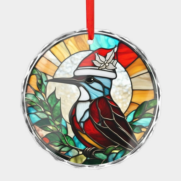 Crystal Glass Christmas Ornament Cute Hummingbird in a Santa Hat Stained Glass Style (Flat Design, Not Raised) Humming Birds Lover Holiday Ornaments for Xmas Tree