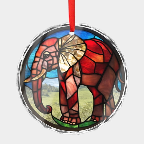 Crystal Glass Christmas Ornament Elephant Red Abstract Stained Glass Style (Flat Design, Not Raised) Art Cool Elephants Animals Holiday Ornaments for Xmas Tree